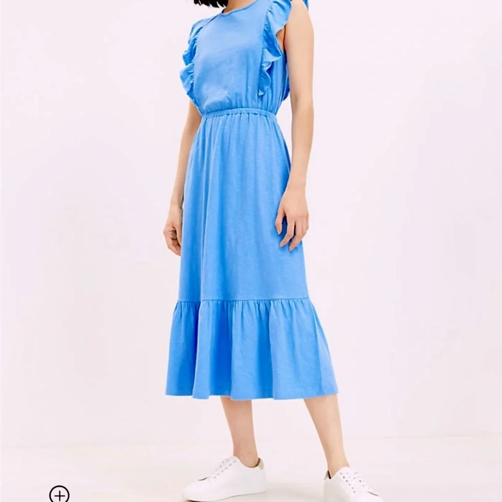 LOFT Women’s Ruffle Tiered Cap Sleeve Midi Dress size Large Summer Lake Blue - Picture 1 of 5